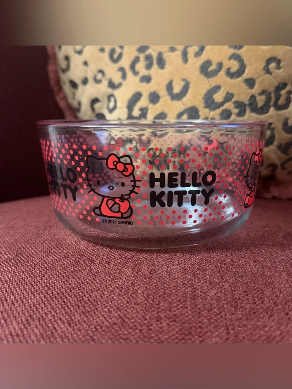 Pyrex Hello Kitty Clear Glass Bowl, Red Polka Dots 5.75”